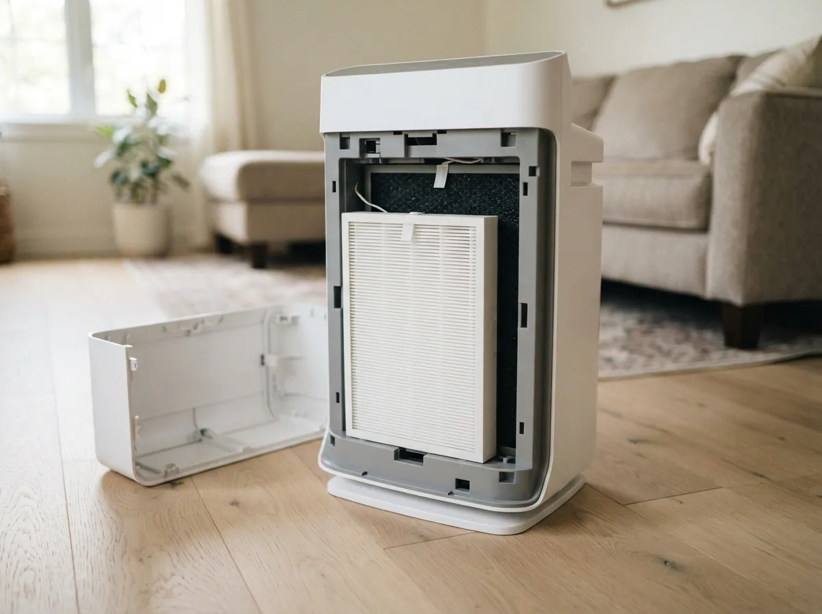 A Winix tower air purifier on a living-room floor with its filter bay door open showing the clean True HEPA cartridge