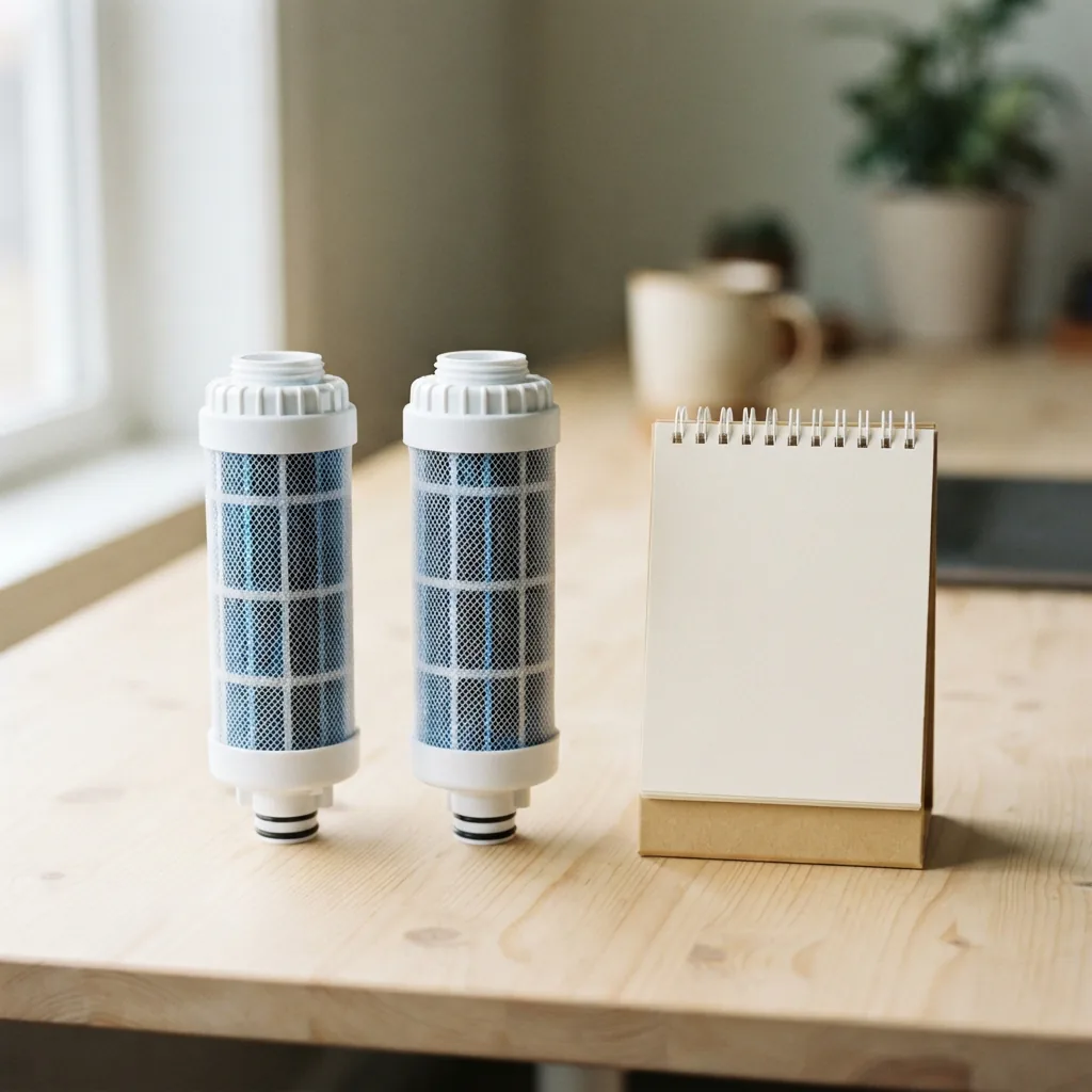 Two filter cartridges and a small calendar on a tidy desk