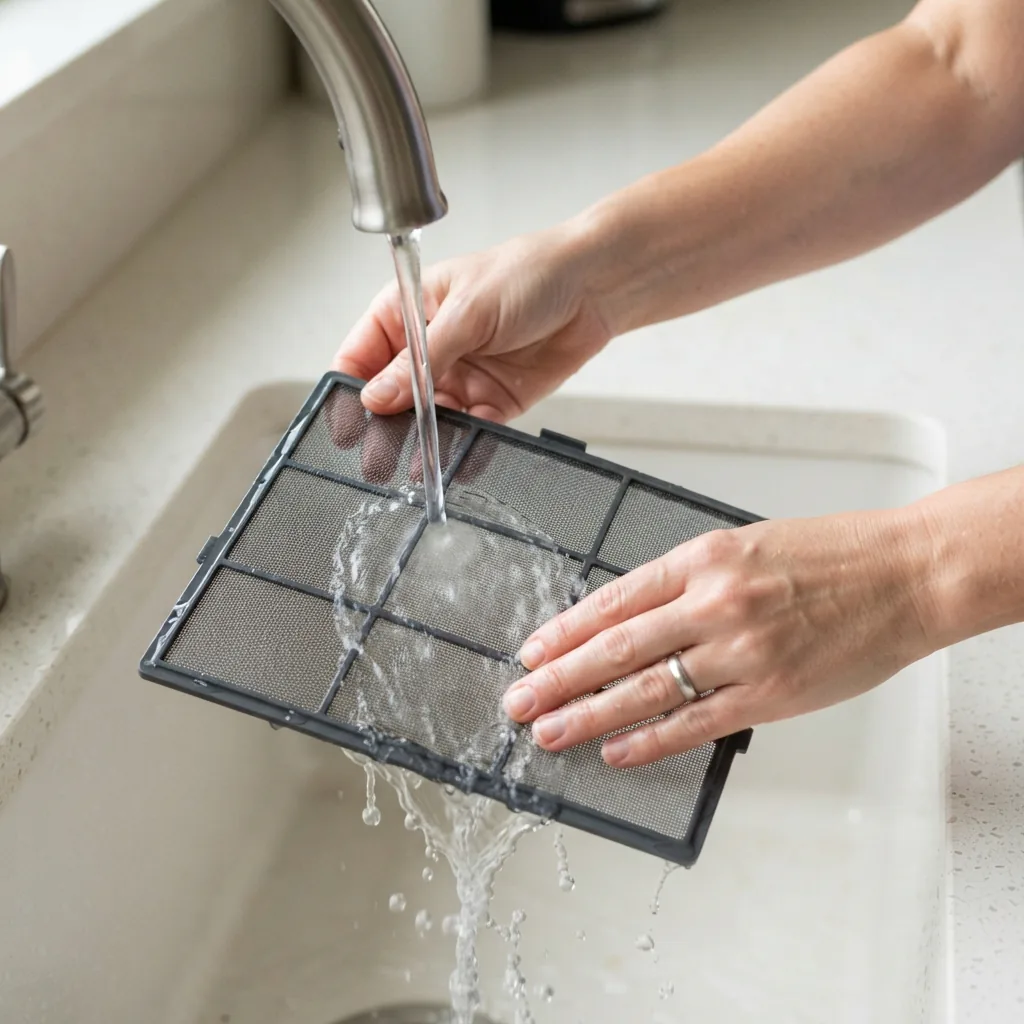 One adult rinsing the Winix 5510 fine mesh prefilter panel under a running kitchen faucet