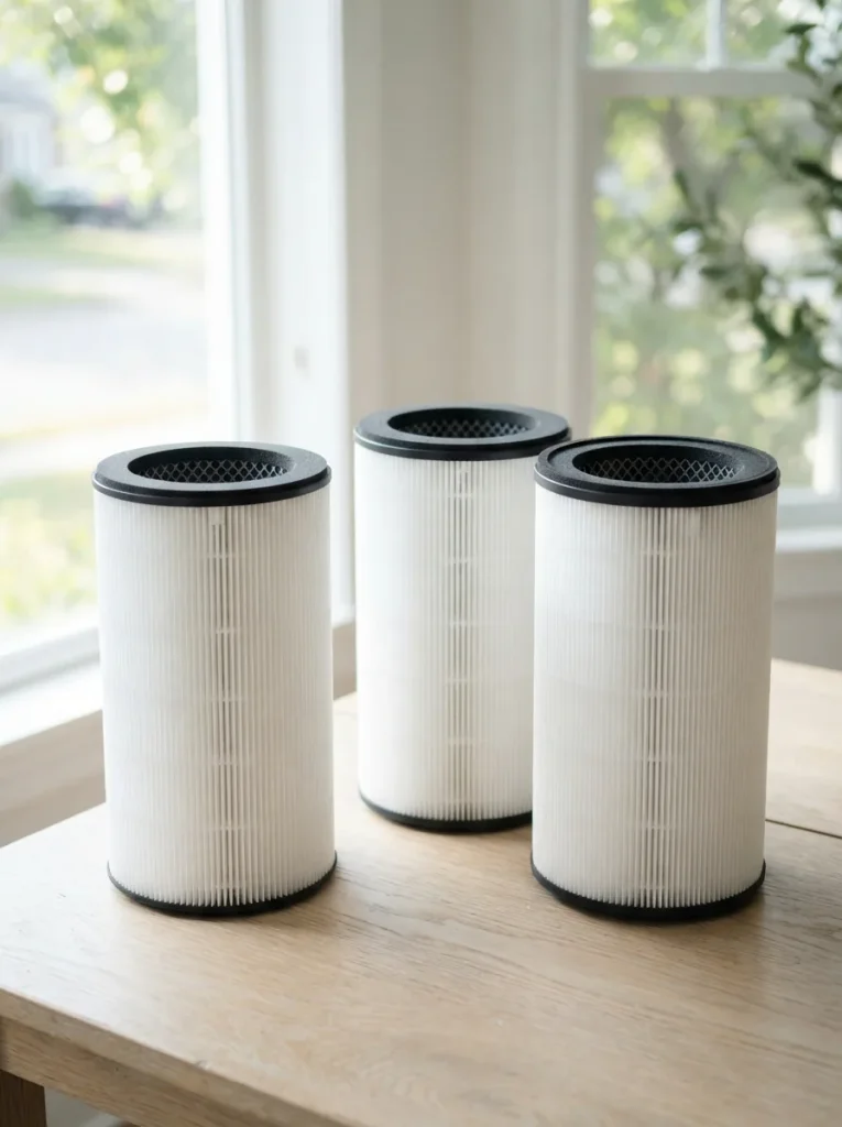 Three Winix C545 replacement filter cartridges on a pale oak table beside a sunlit window