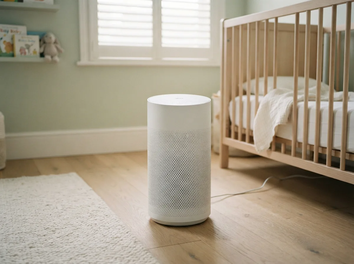 Winix T500 360-degree 4-stage True HEPA WiFi air purifier in a small nursery