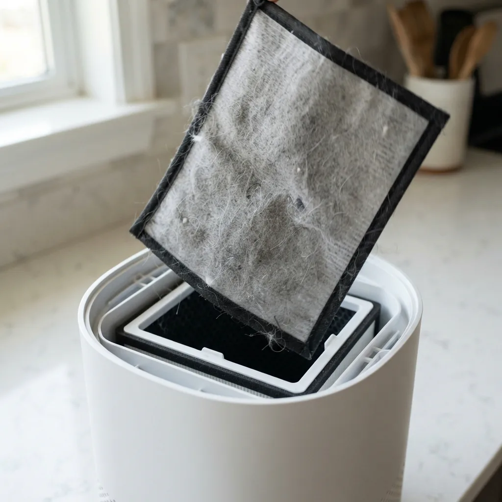 A used carbon prefilter with visible lint and pet hair being lifted from an air purifier frame.
