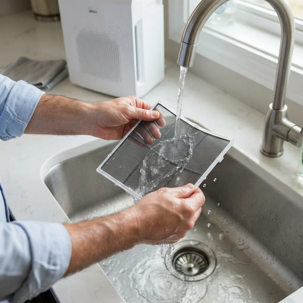 An adult's hands holding the Winix C535 fine mesh pre-filter under a running tap to rinse it