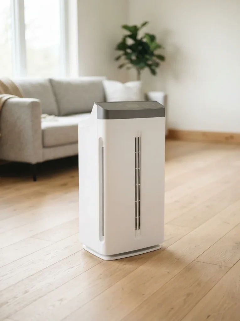 A Winix 5300-2 air purifier standing upright on a light oak floor in a bright modern living room