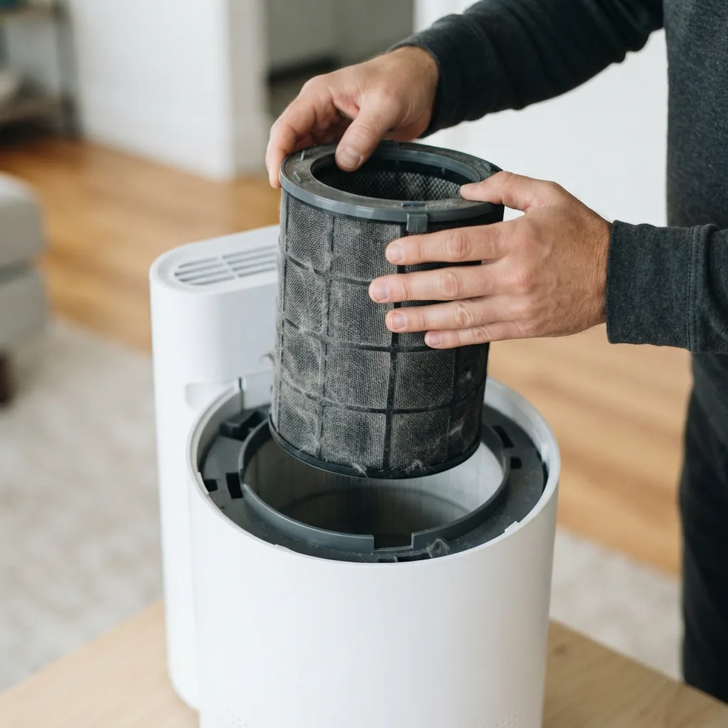 Adult hands lifting a used Winix Filter Z canister out of the open air purifier filter compartment