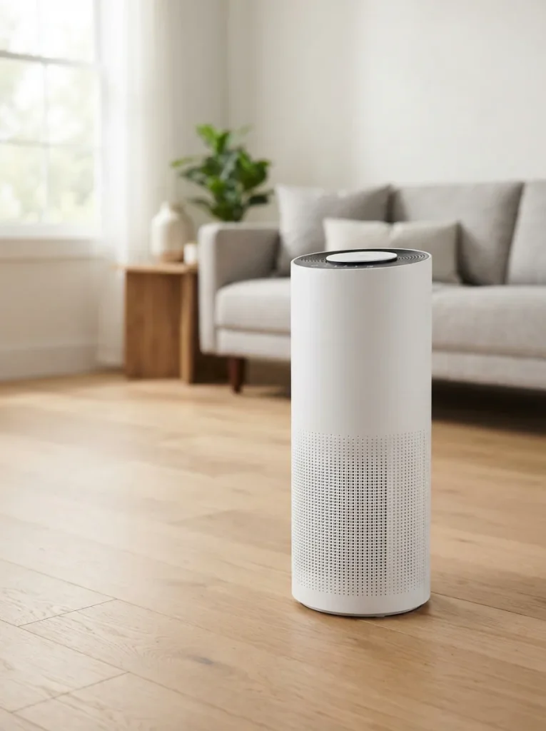 White Winix C610 tower air purifier standing on light wood flooring in a bright living room