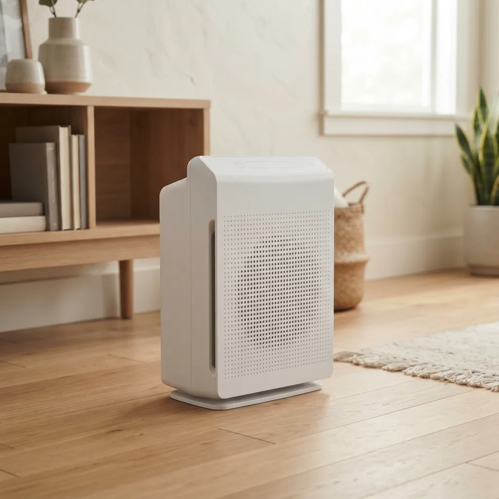 Winix C545 air purifier placed on a wood floor with open space around it