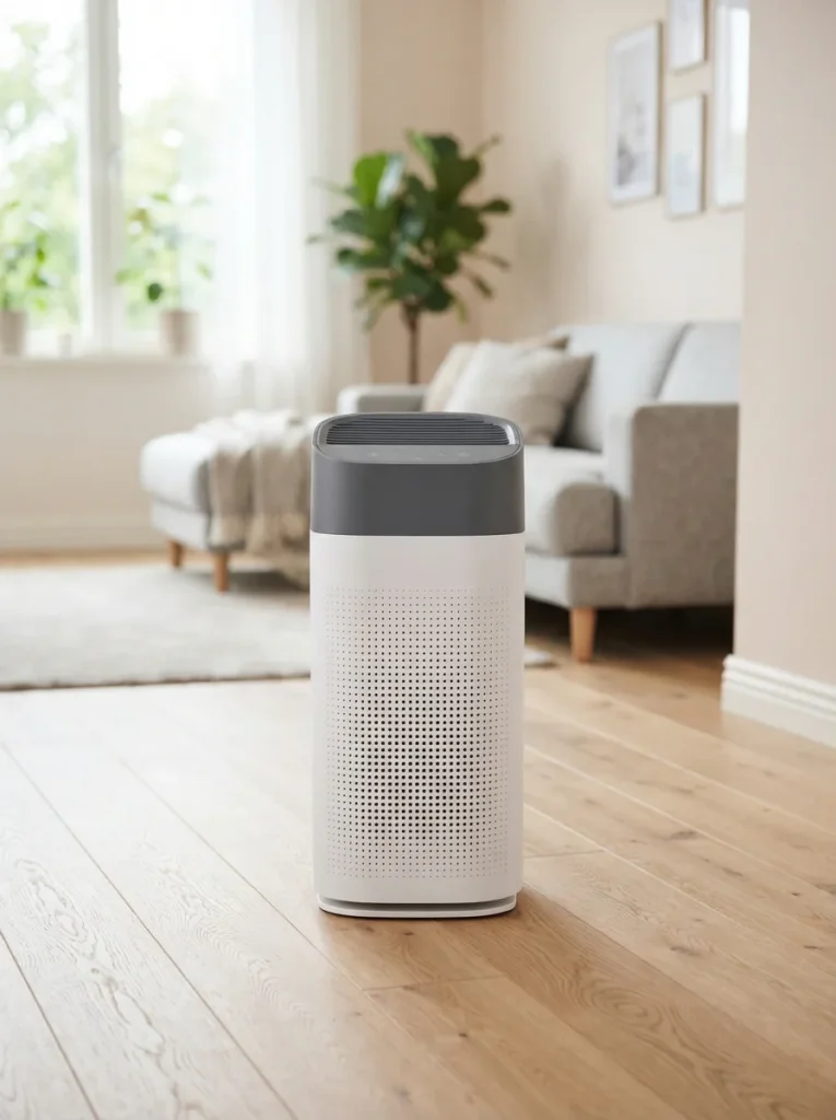 Winix 5520 air purifier standing on a light oak floor in a bright living room