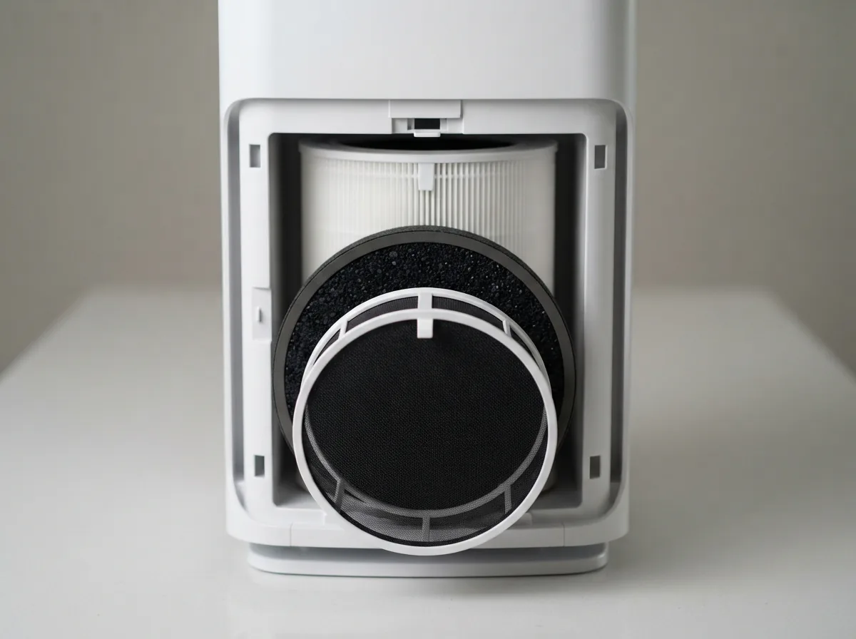 Close-up of the Winix T810 with its rear cover off, showing pre-filter, carbon layer and True HEPA cartridge.