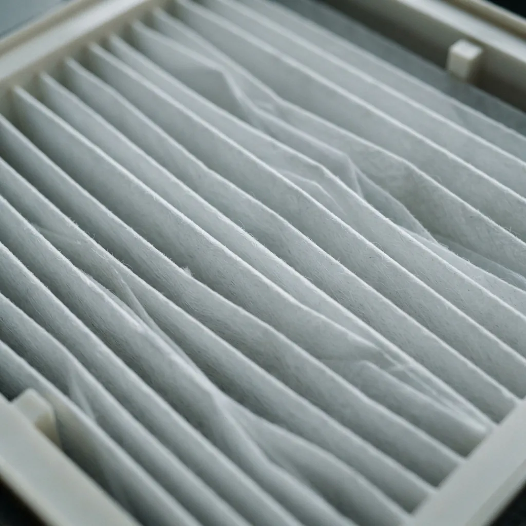 Extreme close-up of pleated white True HEPA filter media showing the fold structure
