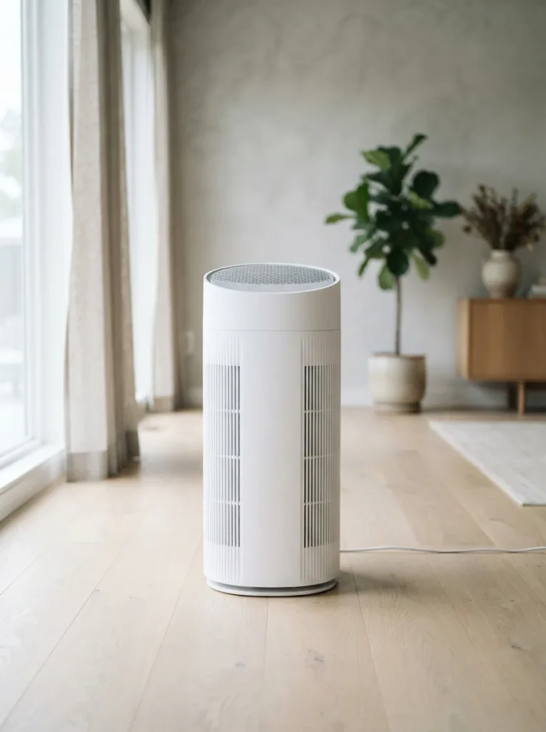 Winix C545 air purifier standing on a pale wood floor in a bright modern living room