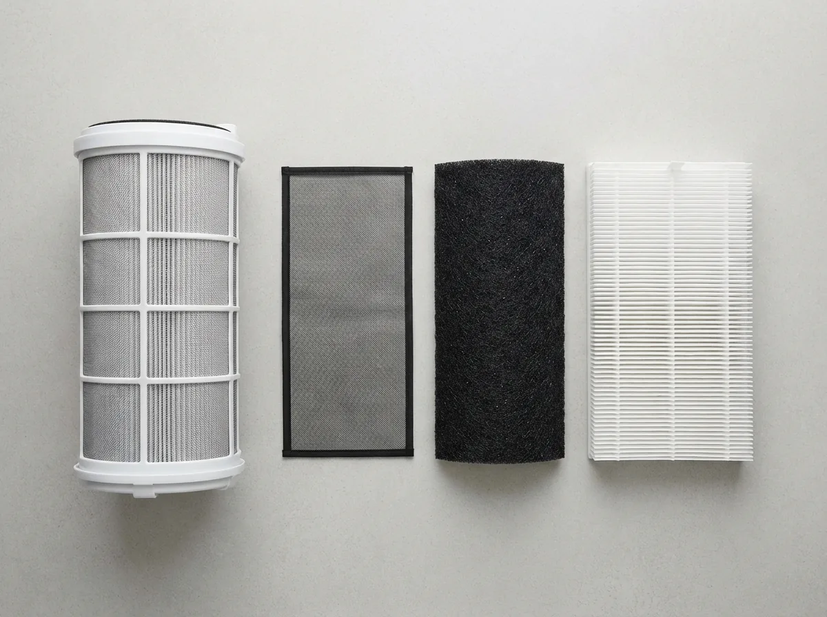 Winix Filter Z canister laid out with its mesh pre-filter, black carbon sheet and white pleated HEPA media fanned beside it