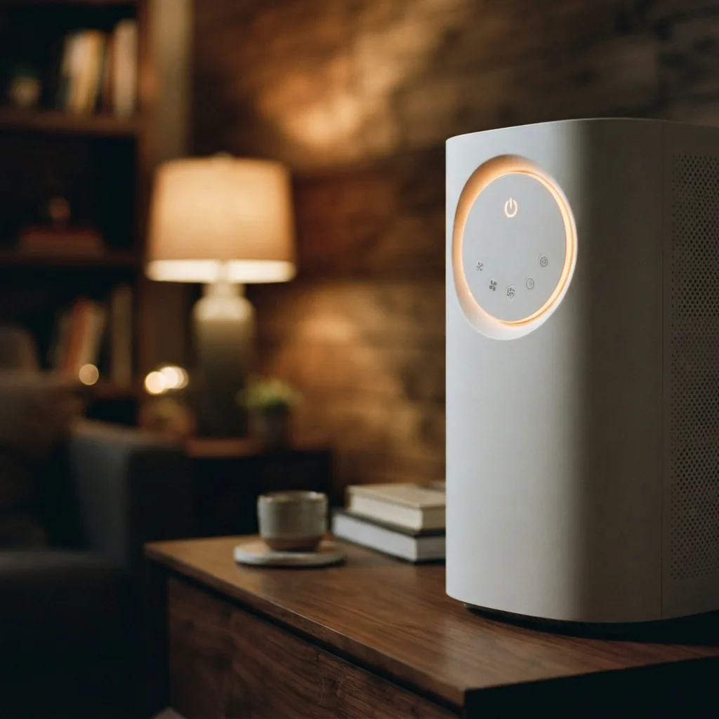 Air purifier control dial glowing beside a dimly lit evening living room