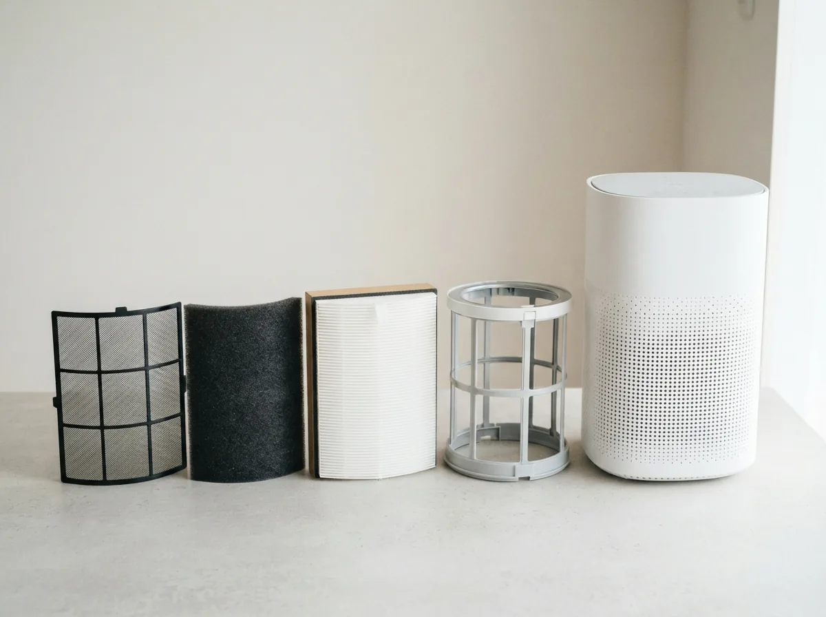 Exploded view of the Winix T500 air purifier showing its four filtration stages stacked apart