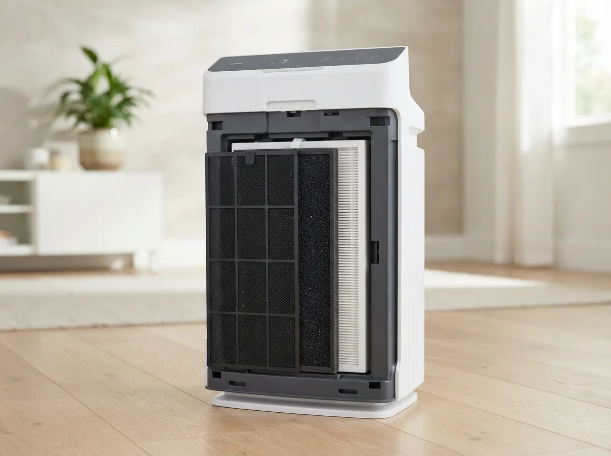Winix 5520 air purifier with its front panel removed to show the stacked filter stages