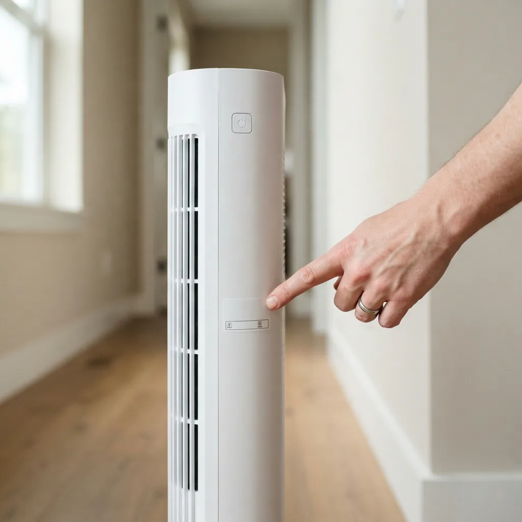 Adult hand pointing to the model number sticker on the side of a white tower air purifier