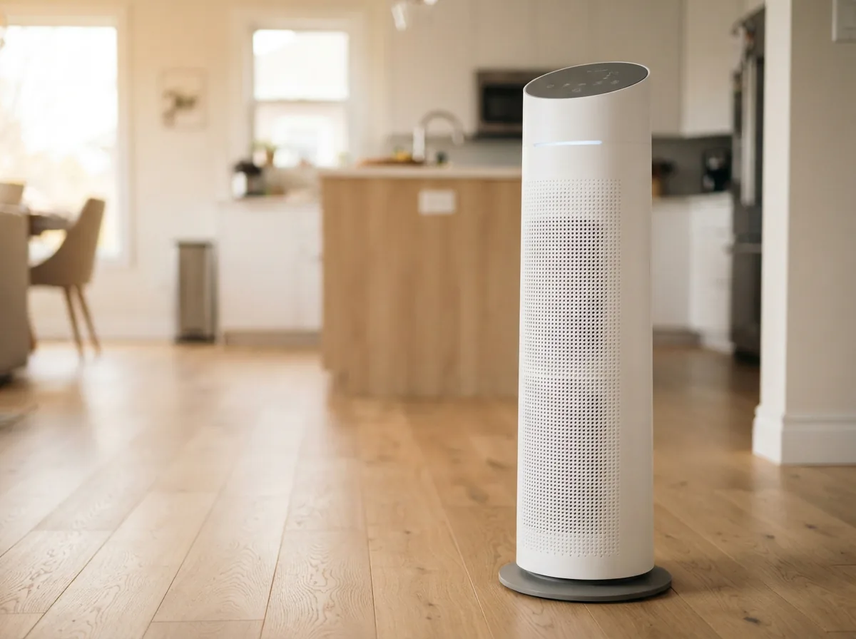 Winix T830 extra-large room tower air purifier in an open-plan home