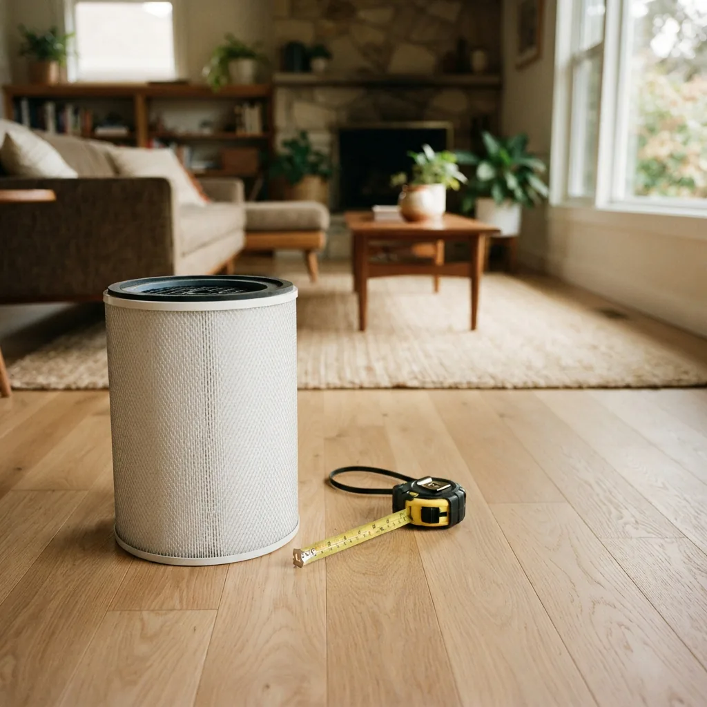Replacement air purifier filter on the floor of a large living room beside a tape measure
