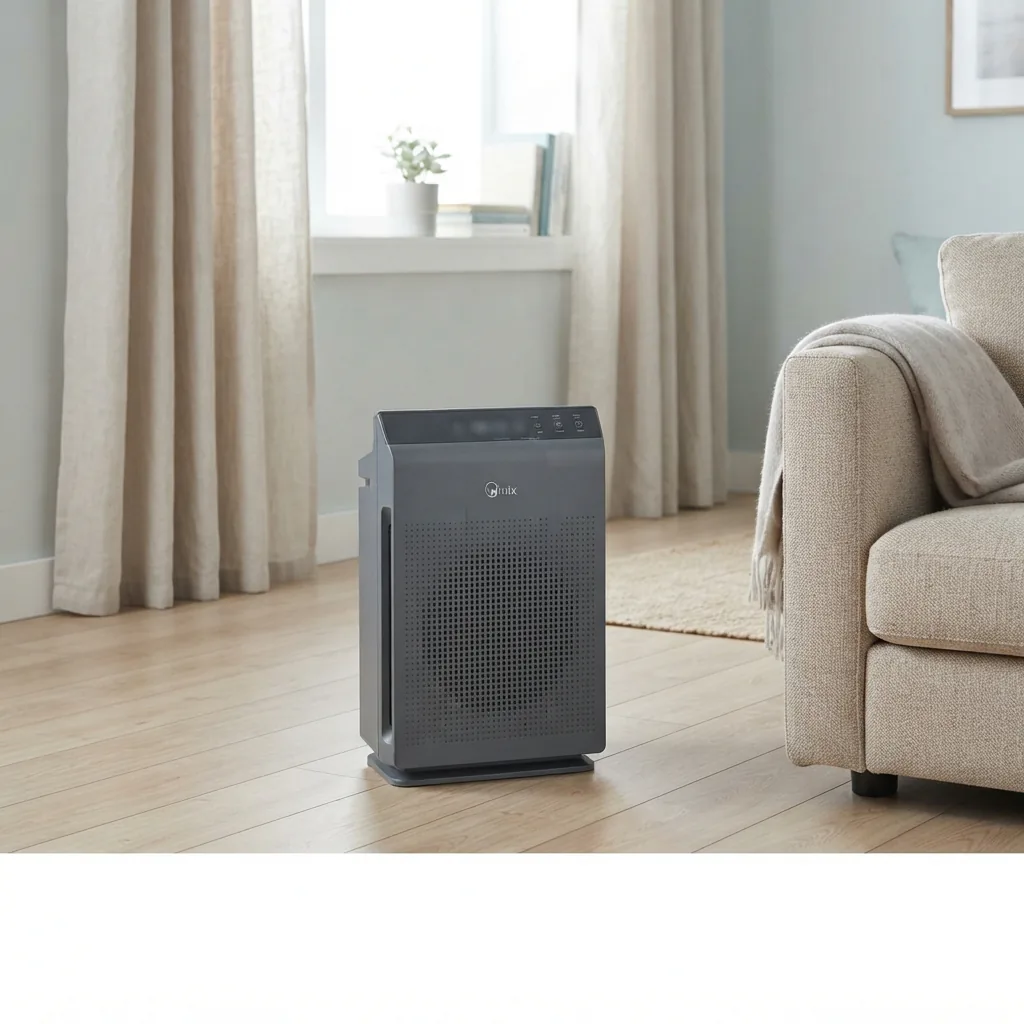 Winix 5500-2 air purifier placed with open clearance on a wooden floor