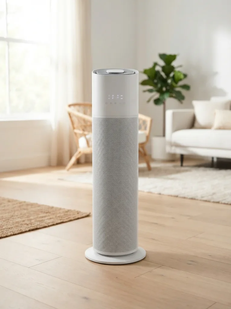 Winix C535 3-stage True HEPA air purifier standing on a living room floor