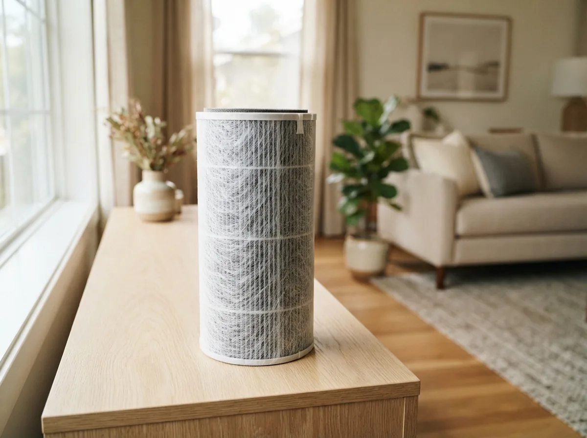 Winix Filter A AllergenGuard cartridge standing on a console in a sunlit open living room