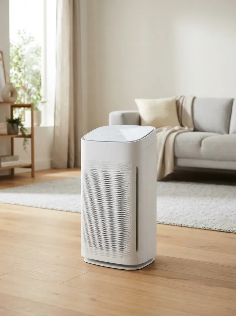 Winix T810 air purifier standing on a light oak floor in a bright living room.