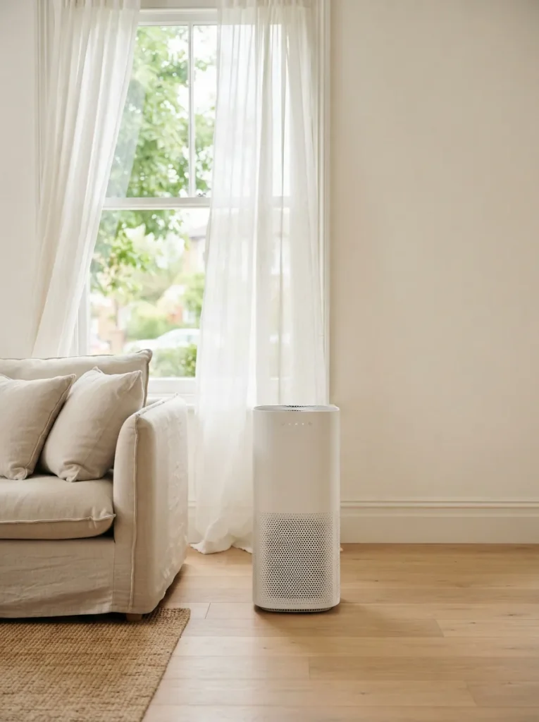 A modern Winix tower air purifier running in a sunlit living room with an open window