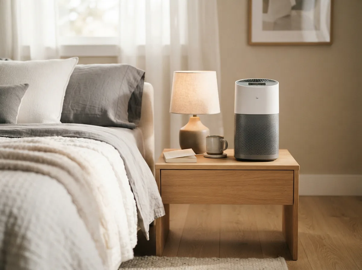 Winix A231 compact air purifier on a nightstand in a bedroom