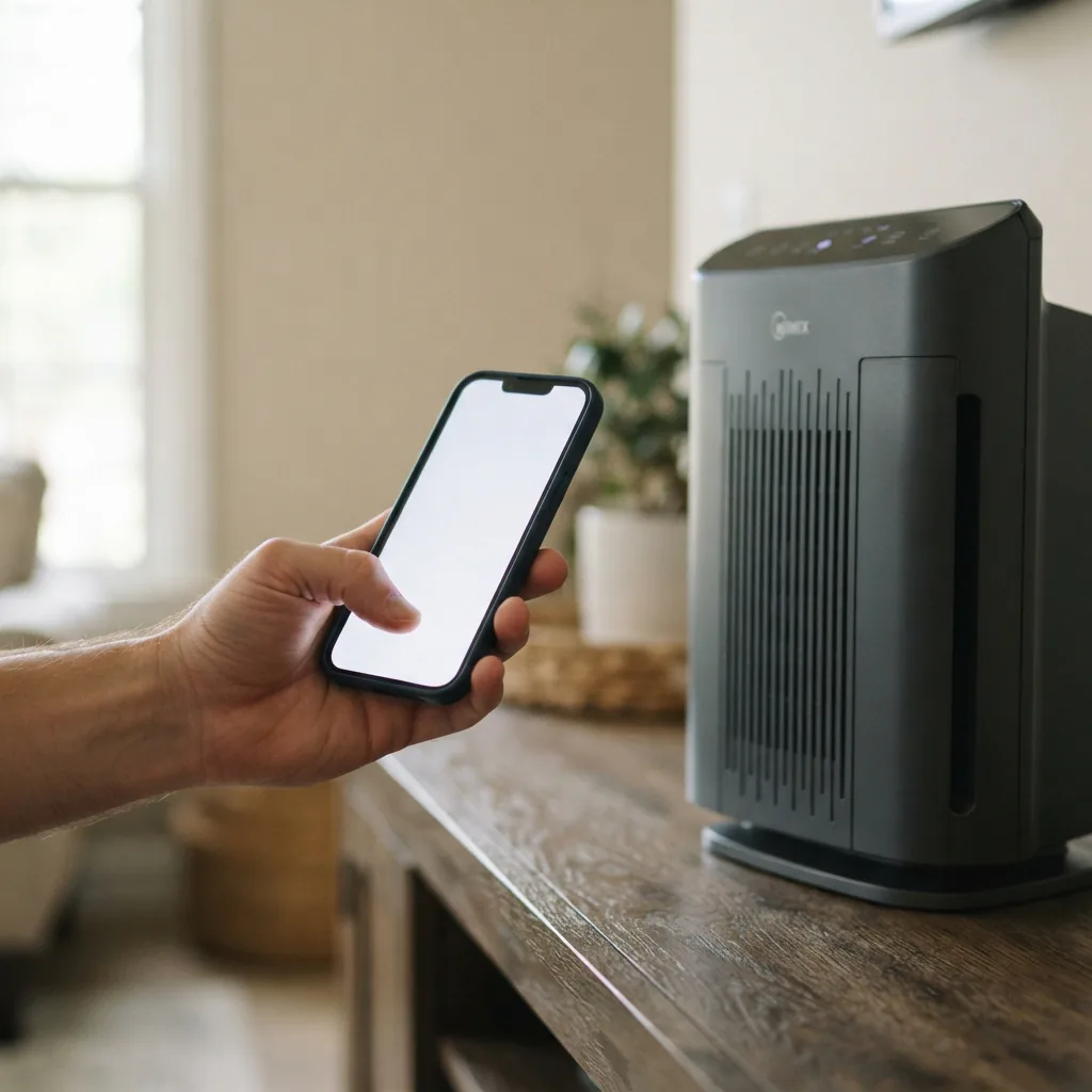 An adult hand holding a smartphone next to a Winix 9800 air purifier during app setup
