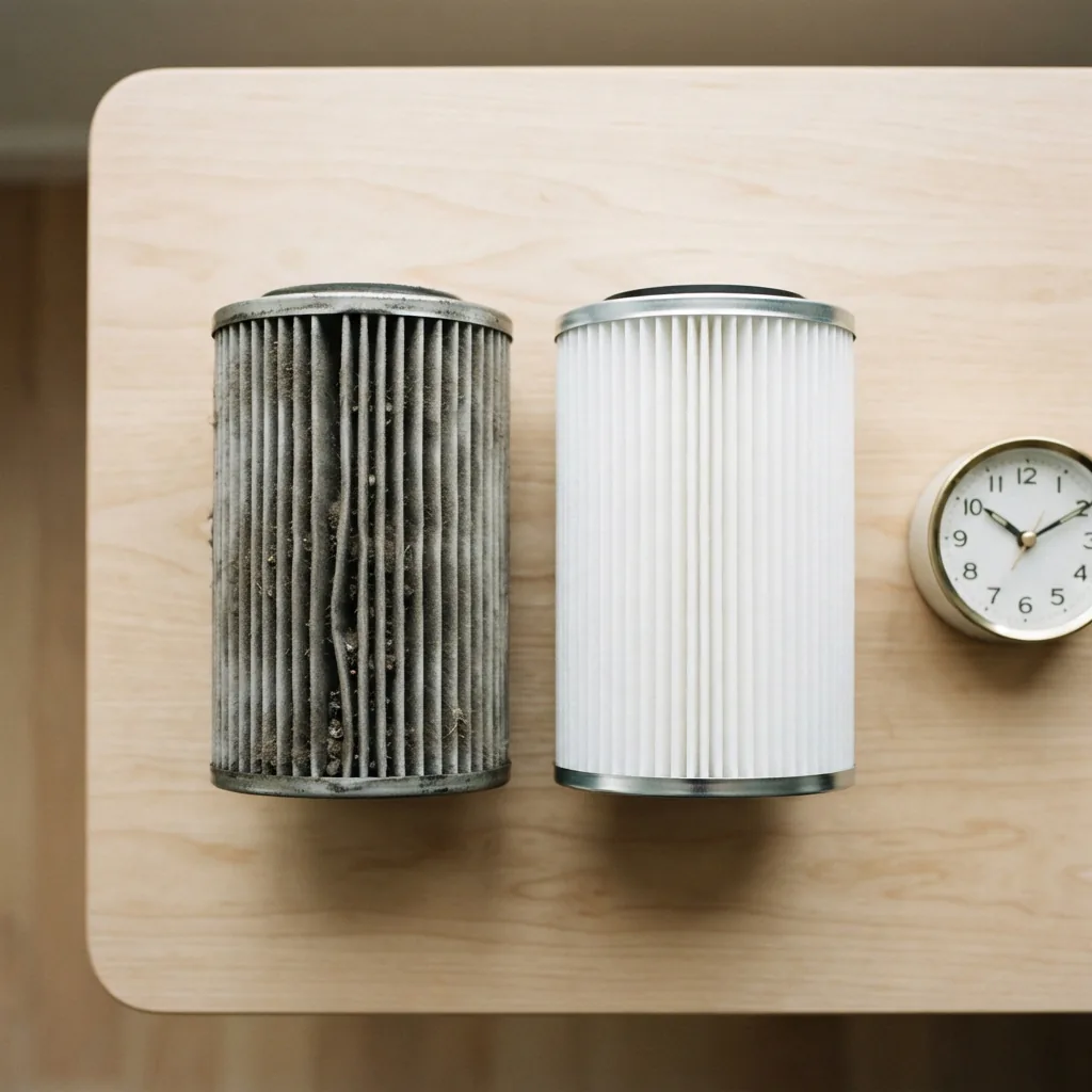 Old gray filter beside a fresh white filter on a table with a small clock nearby