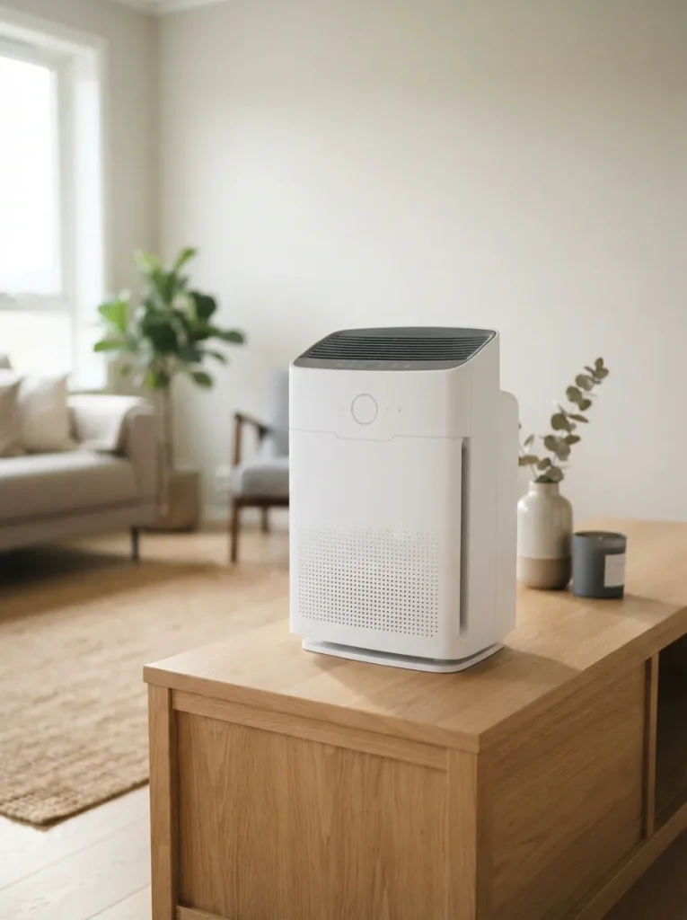 White Winix T500 air purifier standing on a wooden console table in a bright modern living room