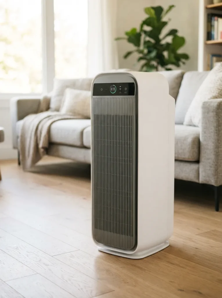 Winix AM90 air purifier standing on a hardwood floor in a bright living room, shown from a three-quarter front angle