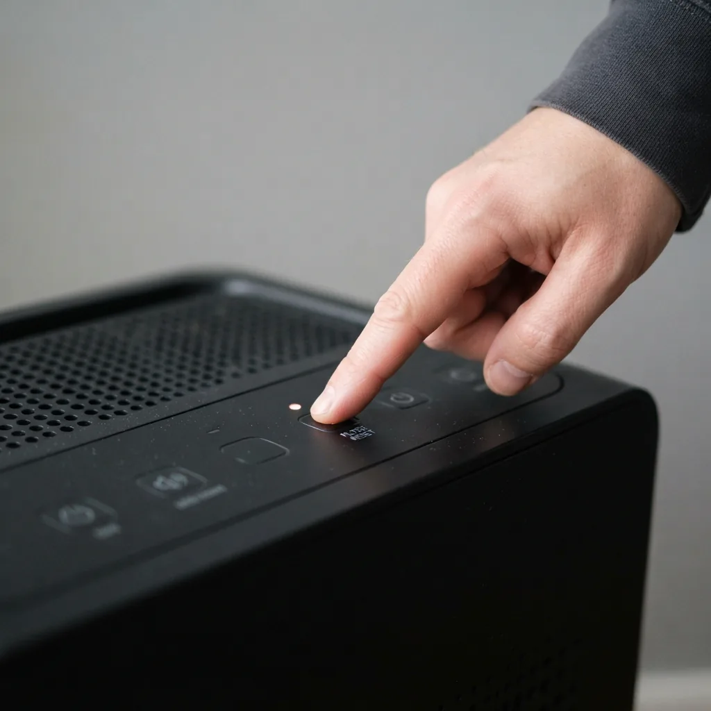 One adult finger pressing the filter reset button on the top controls of a Winix C610 air purifier