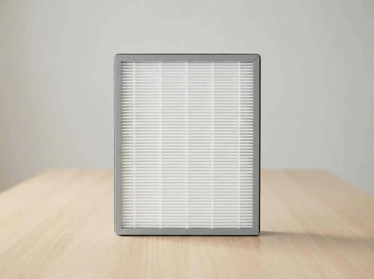 Single white pleated Filter I replacement cartridge standing on a pale wood table