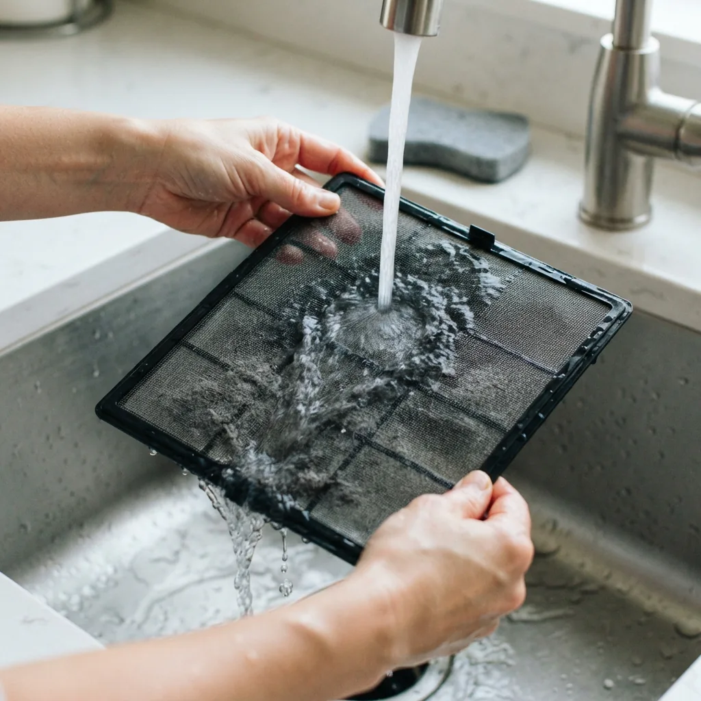 Adult hands rinsing the removable fine mesh pre-filter of the Winix T500 under a sink