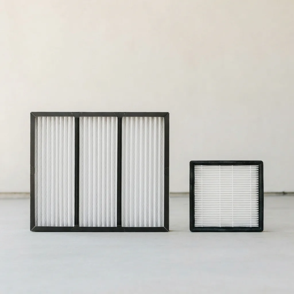 A large and a small replacement air filter side by side showing their size difference