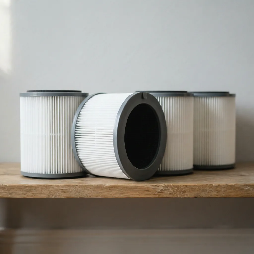 Four replacement filters in a neat row on a shelf with one pulled forward