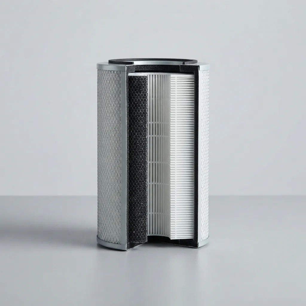 A cutaway of a replacement filter cartridge revealing the carbon layer and white pleated True HEPA media inside