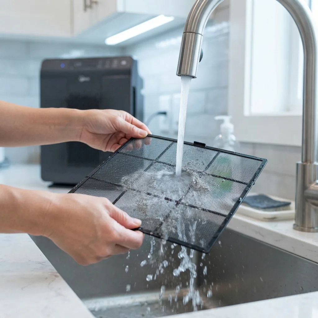 A thin mesh pre-filter from the Winix 5300-2 being rinsed under a running kitchen tap