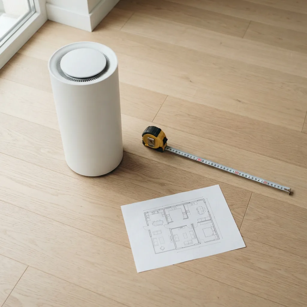 Tape measure stretched across a living room floor next to a white tower air purifier