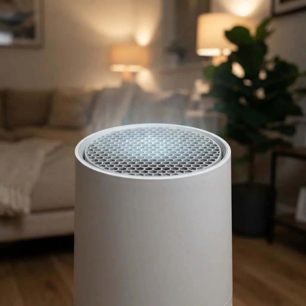 Air purifier vent detail with soft light illustrating ionization inside a home room
