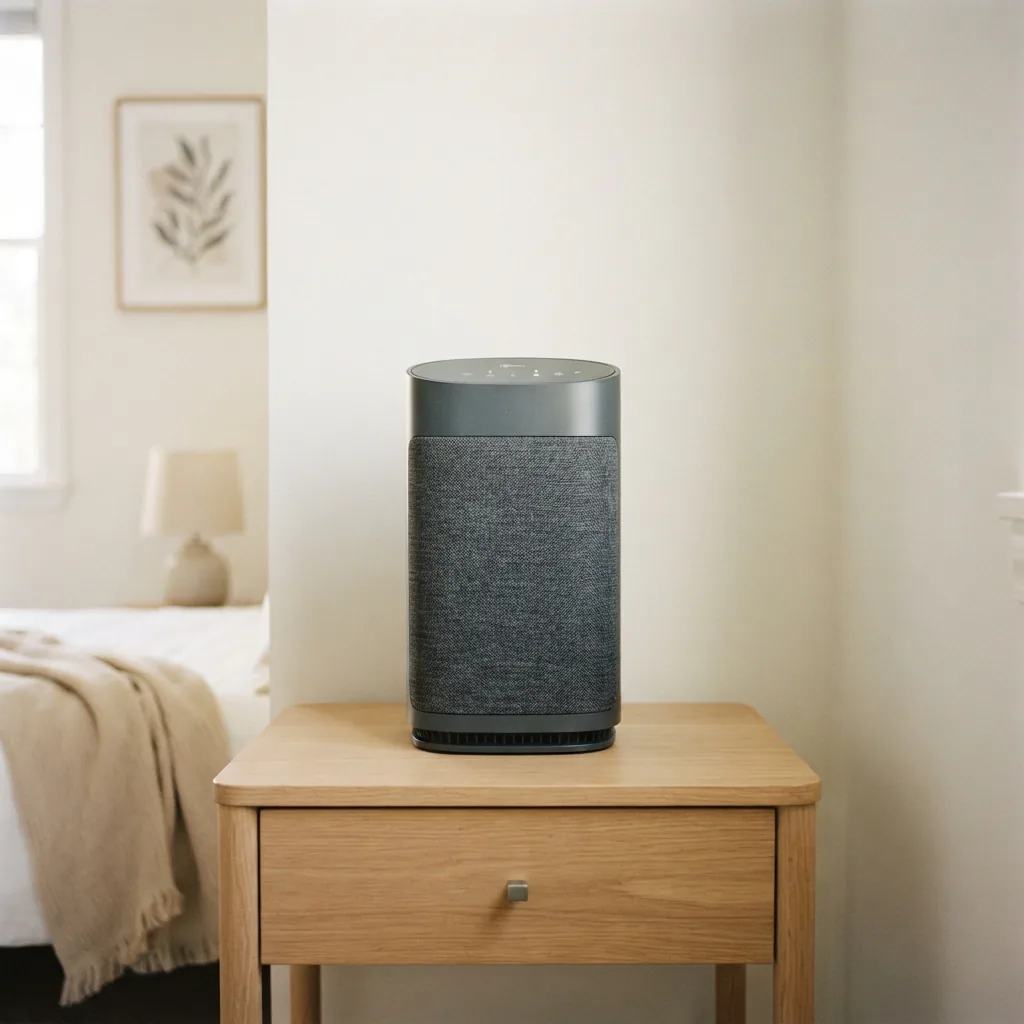 A Winix A230 air purifier centered on a nightstand with open clearance on all sides