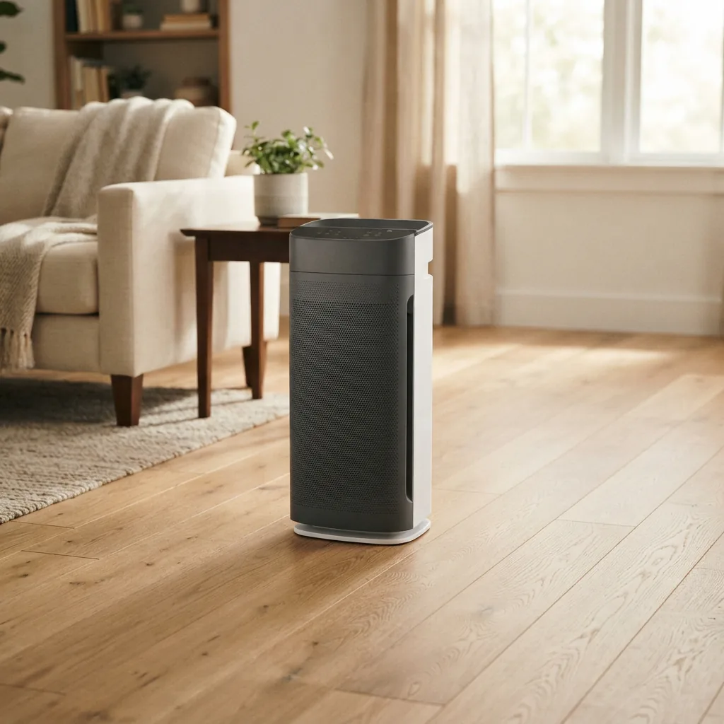 Winix 9800 air purifier placed on a hardwood floor with clear space on all sides