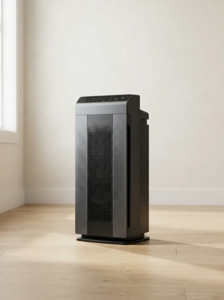 Winix 5500-2 air purifier standing on a light wood floor in a bright living room