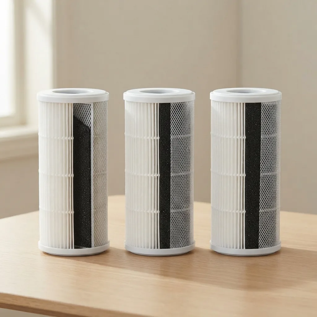 Three filter cartridges showing a plain carbon layer and two with added white guard layers