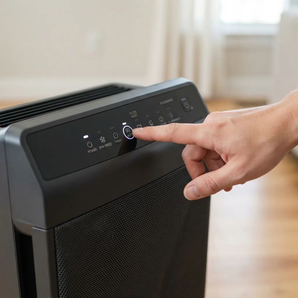 An adult hand pressing the auto mode button on the Winix 5300-2 control panel