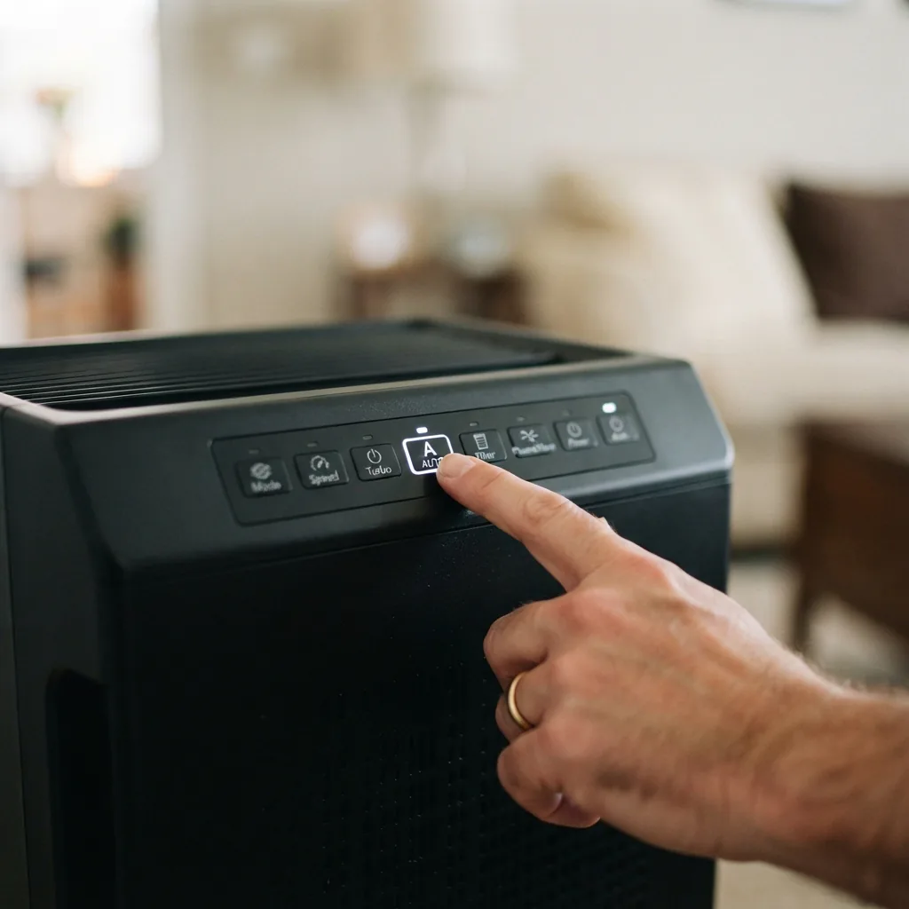 Close-up of one adult index finger pressing the auto mode button on the Winix 5510 control panel