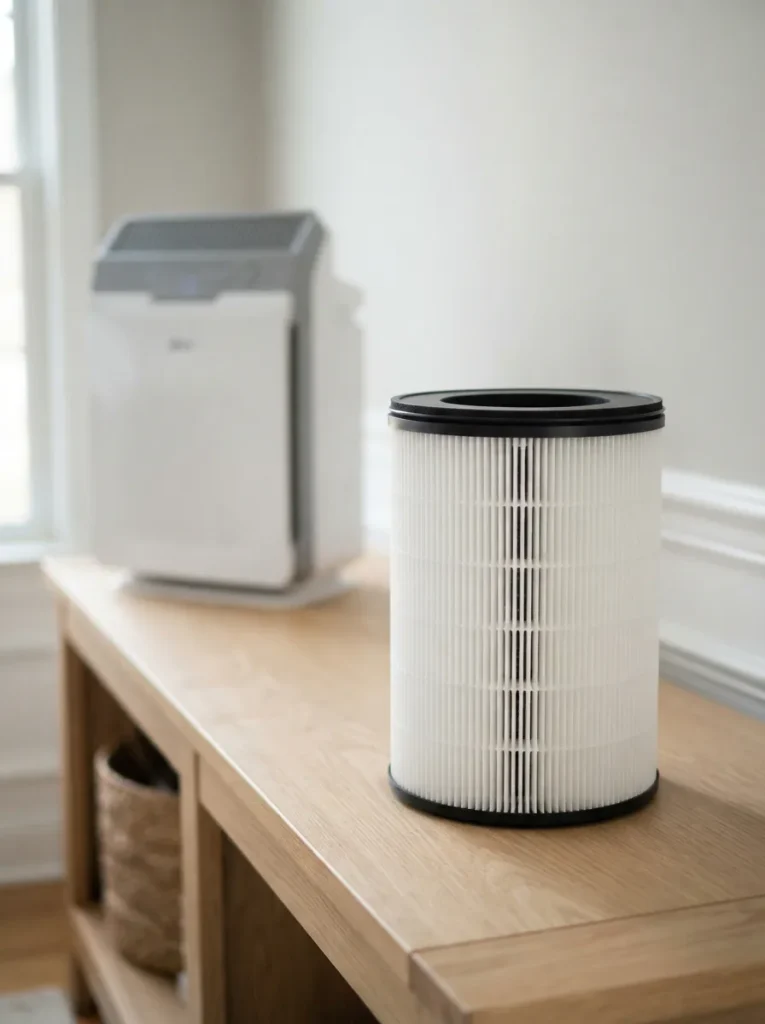 Winix Filter Z replacement canister standing upright in front of a Winix C610 air purifier on a light wood console