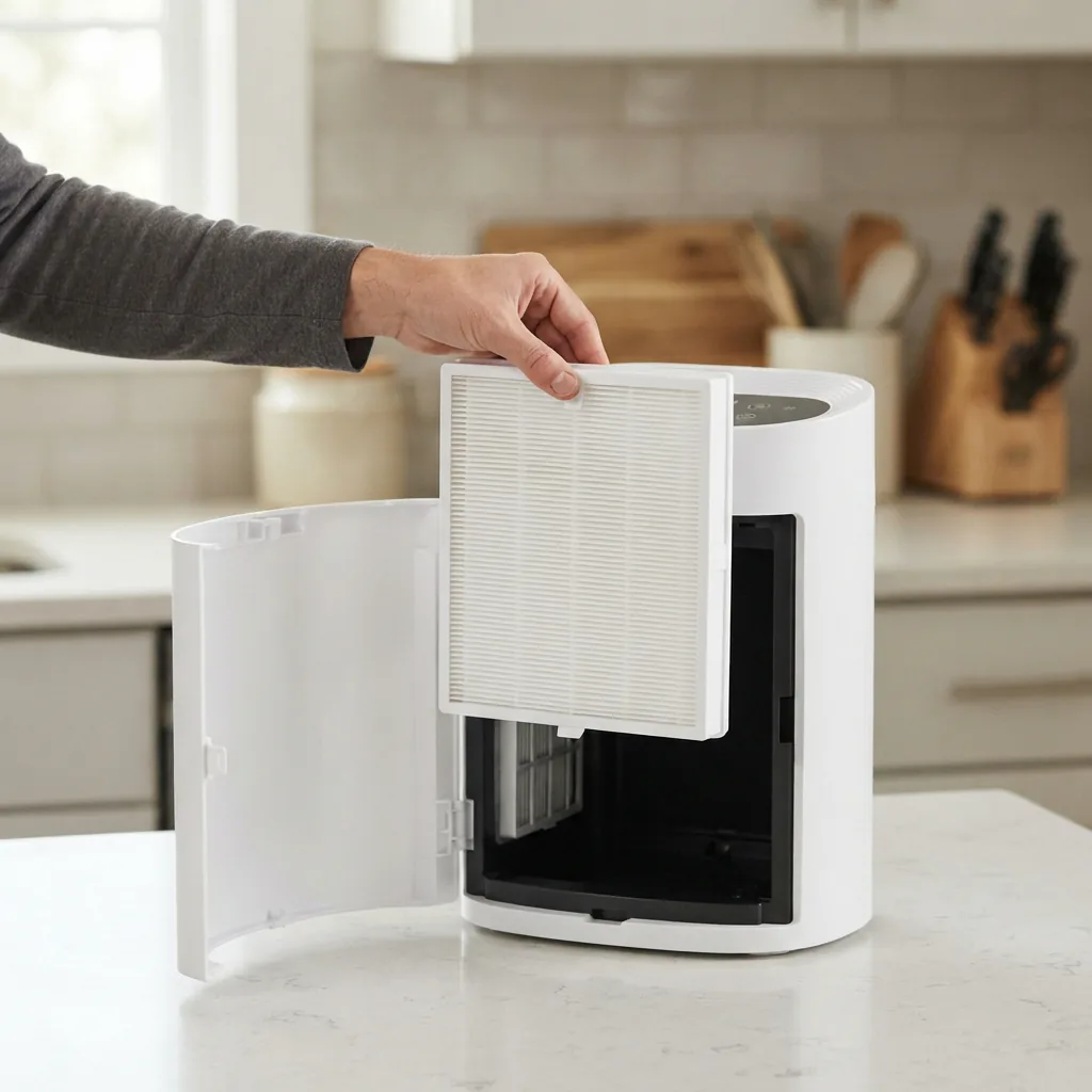 Replacement filter cartridge held beside an open air purifier on a kitchen counter