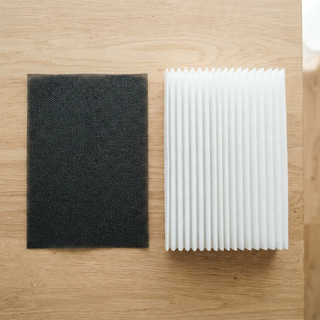 A thin black carbon prefilter sheet lying flat beside a thick white pleated filter on a light table.
